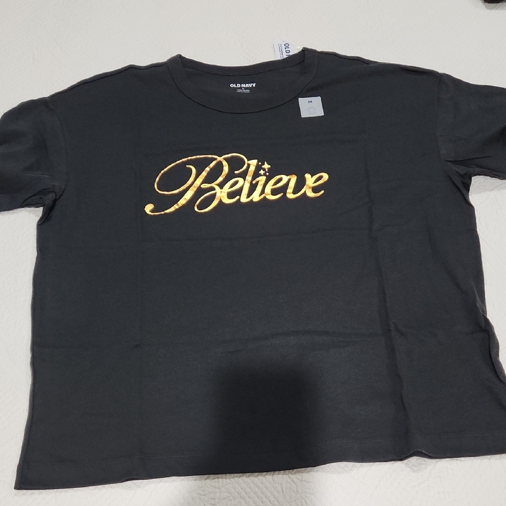 Old Navy Dark Gray Tee with Copper 'Believe' Script
